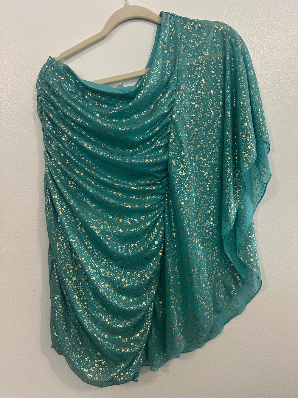 Emerald Sundae Teal One-Shoulder Ruched Dress with Gold Speckle